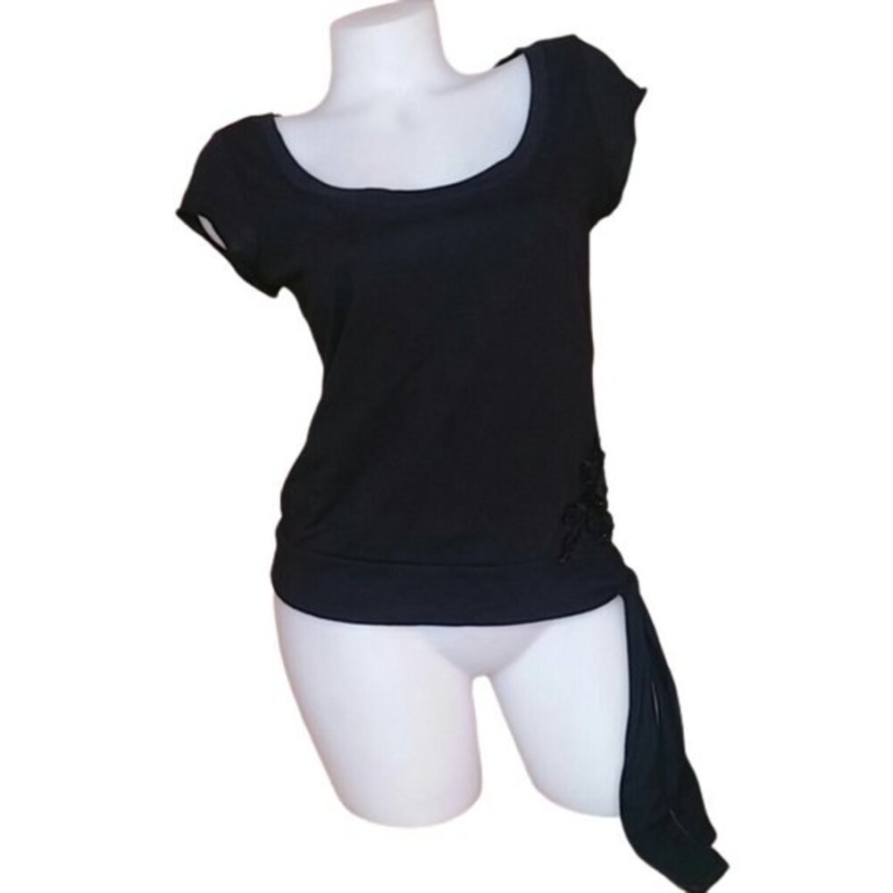 Vintage Black Short Sleeve Scoop Neck T Shirt Sequin Sash Detail Junior's Size L